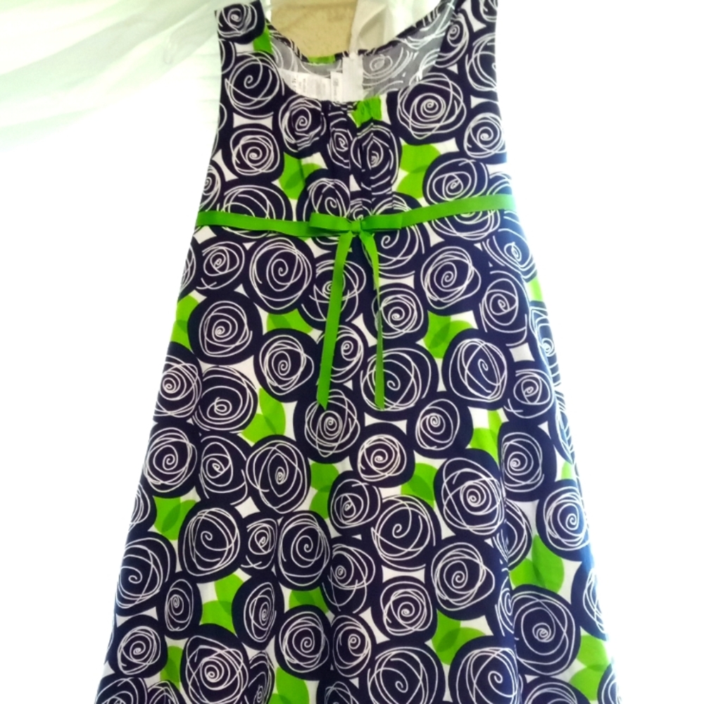 Girls Navy and White Dress with Green Accent